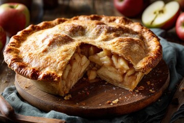 Freshly baked apple pie cooling on a wooden board with red and green apples in the background