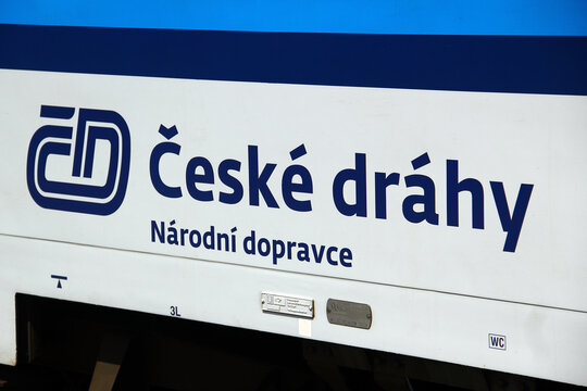 Schwandorf, Germany - May 31, 2025: Ceske drahy national railway operator of Czech republic, a logo on the side of a passenger train in Schwandorf, Bavaria