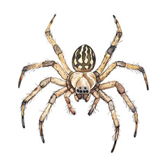 Watercolor Orb Weaver Spider with Striped Abdomen and Hairy Legs