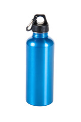 blank blue aluminum sport bottle mockup, isolated PNG transparent background
