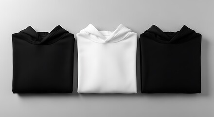 Three folded hoodies in black and white displayed on a soft gray background