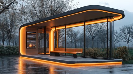 Obraz premium Modern bus shelter at dusk, lit by warm orange glow