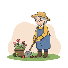 Senior woman gardening alone while planting flowers in the pot  