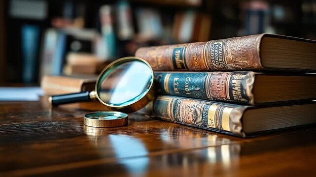 Magnifying glass is on top of a stack of books. The books are old and have a vintage look to them. The scene gives off a sense of curiosity and intrigue