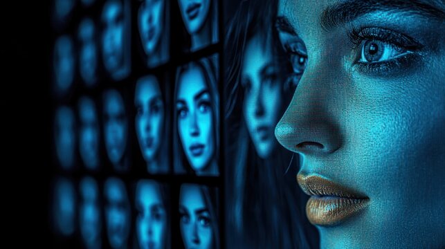 Artificial intelligence and beauty concept with multiple faces overlaying modern technology - Powered by Adobe