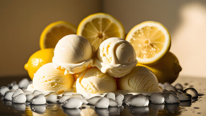 a cinematic, high-contrast, and shallow-depth-of-field photograph of three to five Refreshing lemon ice cream scoops, each about two to three inches in diameter, placed on a bed of crushed ice, gliste