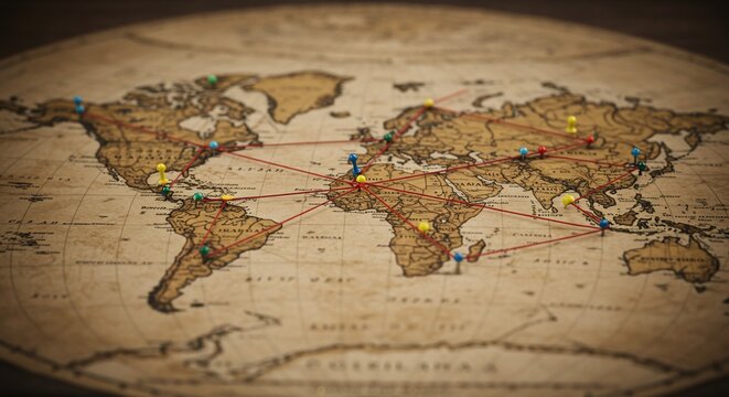 World map with pins showing global connections and networks in old design style