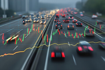 Stock market chart showing automotive industry performance with highway traffic