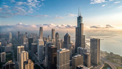 Obraz premium Aerial view of chicago skyline with skyscrapers and lake michigan under a blue sky