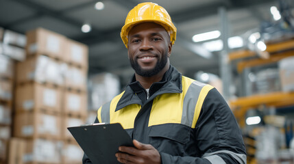 Portrait of a focused Black man in safety gear, clipboard in hand, positioned in the center of a warehouse filled with boxes and labeled crates, background softened to emphasize mo