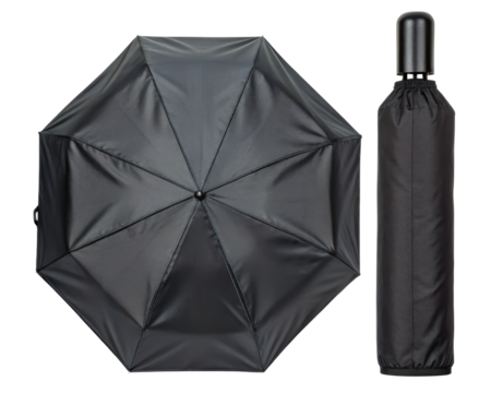 Compact folding umbrella for convenient travel in any weather on a transparent background