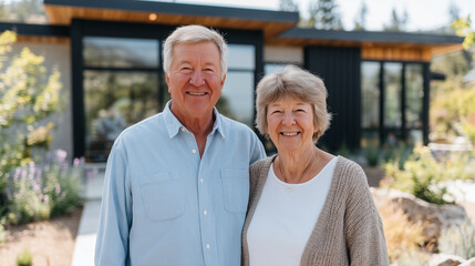 Smiling senior couple embracing warmly in front of a sleek, modern home with large glass windows and manicured garden, golden hour sunlight casting a soft glow on their joyful face