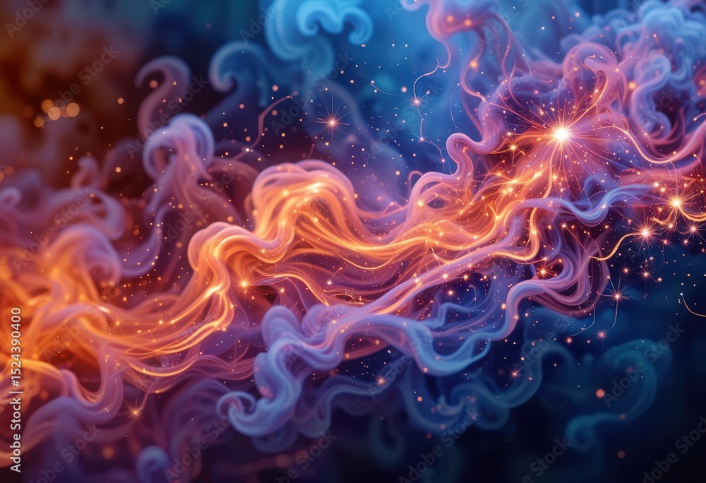 Poster flowing colors and light create an enchanting abstract swirl in dark space