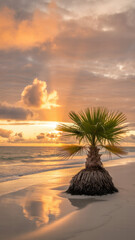 Small palm tree on sandy shore with dramatic sunbeams and cloudy sky during tropical sunrise

