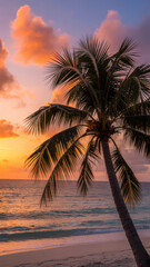 Tropical palm tree by the sea during colorful sunset with soft ocean waves and golden beach atmosphere

