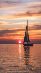 Silhouetted sailboat on calm ocean with vivid pink and orange sunset sky in peaceful evening scene