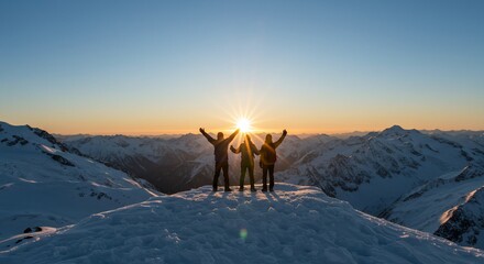 Climbers celebrating success on snowy peak at sunrise, achieving goal, for success theme