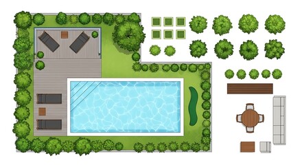 Top view of luxury swimming pool and landscaping with decorative elements