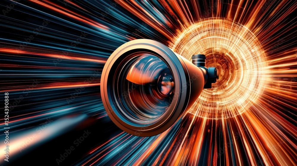 Poster camera lens with a warp speed effect creating a sense of motion and technology
