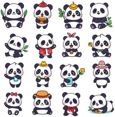 Adorable pandas in various poses stickers clipart Collection and expressions, perfect for children's designs and more