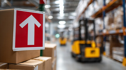 Prominent red and white safety arrow sign posted above orderly rows of shipping boxes, soft-focus background showing industrial shelving and pallet jacks in motion
