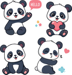 Adorable pandas in various poses stickers clipart Collection and expressions, perfect for children's designs and more