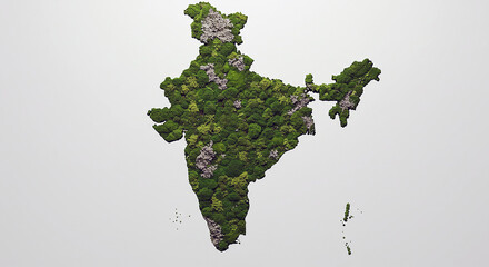 Stunning aerial view of India map crafted from lush green moss and subtle white accents. The vibrant texture and unique. It ideal for environmental or geographical projects.