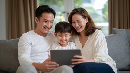 Fototapeta premium Family moment on a sectional sofa, child excitedly pointing at tablet screen while parents watch with amused smiles, natural daylight streaming through minimalist curtains