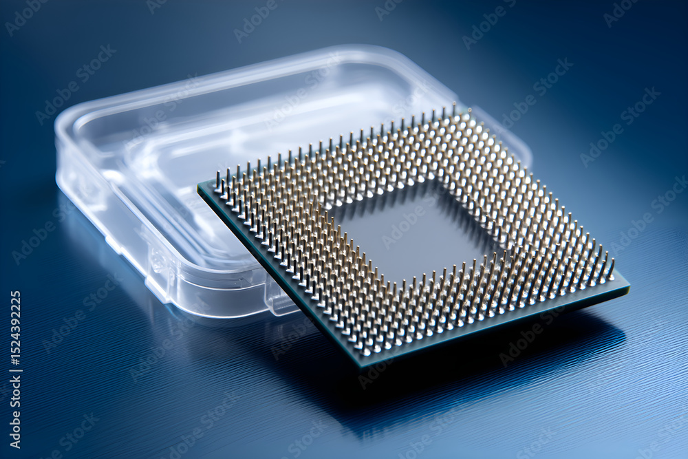 Poster cpu microprocessor pins showing with protective plastic case on blue background