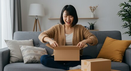 Woman opens carton on sofa in living room for online shopping, home use