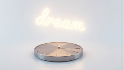 glowing neon dream sign floats sleek metallic clock face stark white background illuminated soft ethereal morning