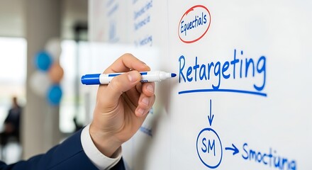 A person writing retargeting strategy on a whiteboard with blue marker