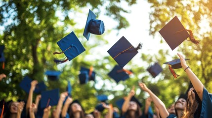 Graduates celebrate by throwing their mortarboards in the air symbolizing achievement