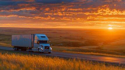 Obraz premium Tanker truck traveling through a wide-open prairie highway at sunset, fiery sky blending with golden fields, silhouette of the truck sharp against the glowing horizon