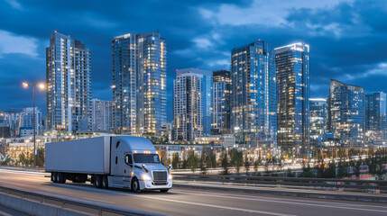 Cargo truck crossing an urban highway overpass at dusk, city lights starting to twinkle, sleek modern buildings reflecting the fading sun, truck headlights piercing twilight