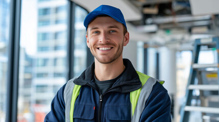 Technician in uniform smiling as he tests a newly mounted fire alarm device, ladder nearby, bright natural light flooding through large windows of an office under construction