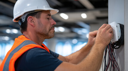 Fire alarm installation in progress: worker attaches wiring to a smoke detector base, cables neatly organized, high-tech control panel mounted on nearby wall in a modern building