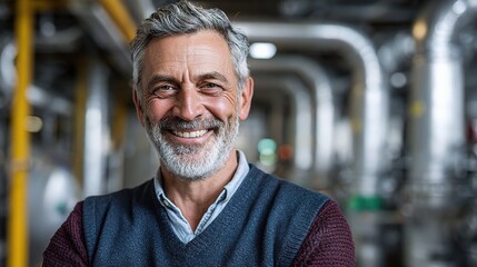 Obraz premium Happy Mature Businessman Smiling in Industrial Boiler Room Setting