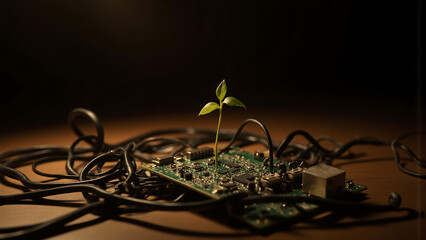 single verdant stem emerges discarded circuit board surrounded tangled wires dimly lit studio setup warm golden light