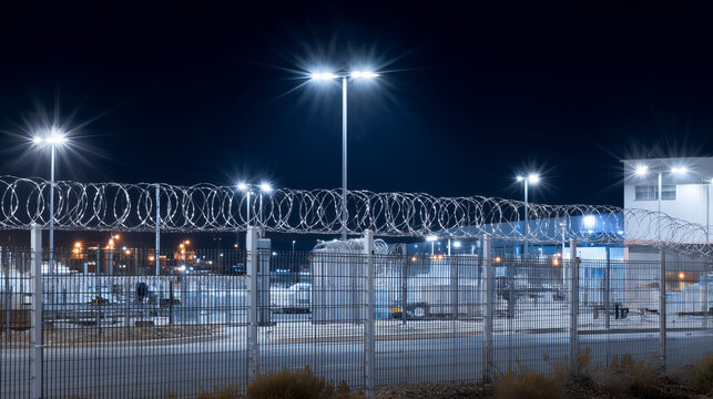 Industrial warehouse perimeter secured by high fences topped with barbed wire, infrared motion detectors, and multiple CCTV cameras under bright floodlights at night
