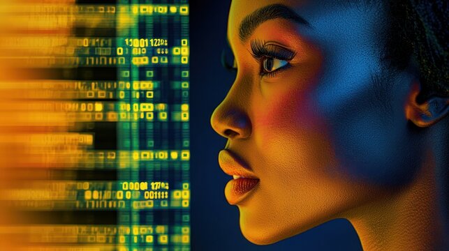 Futuristic vision: African woman immersed in digital data interface world