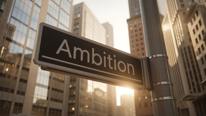sleek modern street sign reads gleaming downtown financial district backdrop warm golden light casting long