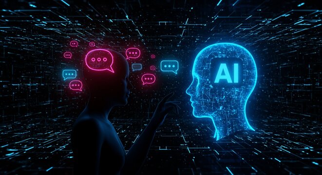 AI head with thought bubble connects to futuristic digital female head