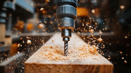 A close-up of a drill boring into a wooden plank on a construction site with scattered sawdust