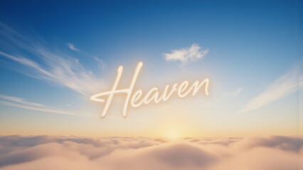 stylized logo floats serenely gradient blue sky wispy white clouds warm golden sunset