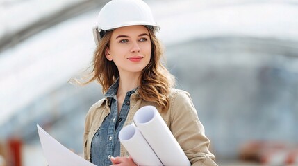 Young Ambitious Female Architect and Engineer with Blueprints