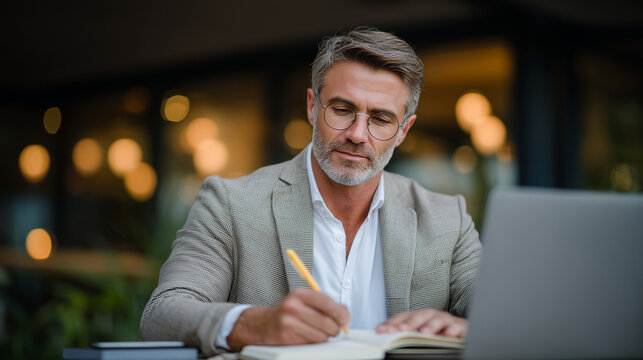 Man with neatly trimmed beard and glasses reviewing notes in a journal, smartphone placed face up, laptop keyboard visible, ambient daylight in a stylish workspace - Powered by Adobe