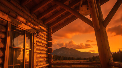 warm golden light casts long shadows across weathered wooden beams rustic mountain lodge stands serene fiery orange sky