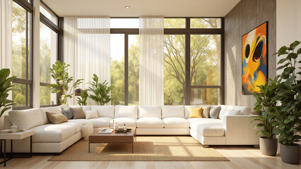 warm inviting living room bathed soft natural light spilling windows showcasing modern sectional sofa amidst