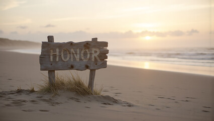 weathered wooden honor sign stands alone windswept beach faded letters creaking gently sea breeze soft golden